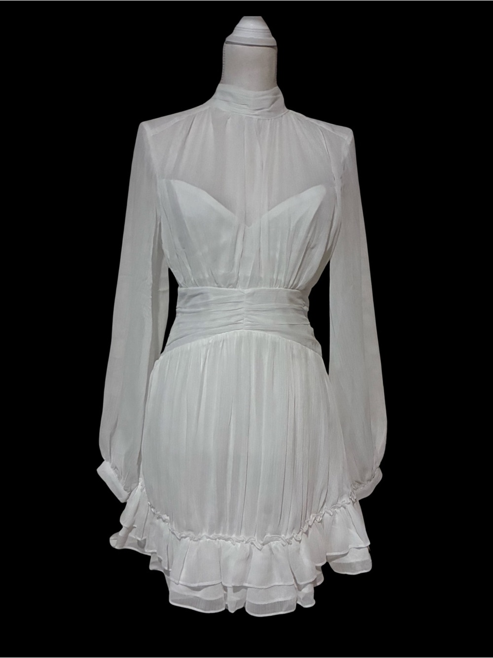 Sz. Med White Long-Sleeve Ruffled Mini Dress